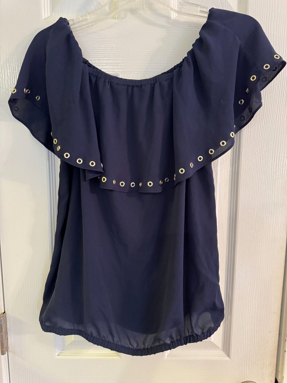 Michael Kors Navy Blue Flouncy Top Sz M Women Short Sleeves Gold Accents Blouse - Picture 3 of 11